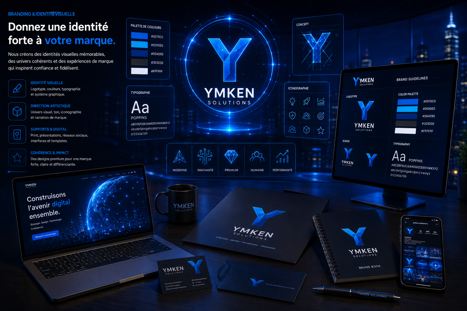 Identité visuelle YMKEN déclinée sur des supports numériques et imprimés